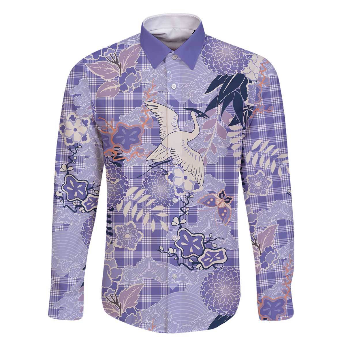 Purple Palaka Crane and Flowers Family Matching Off The Shoulder Long Sleeve Dress and Hawaiian Shirt Japan Heritage Spirit LT9 Dad's Shirt - Long Sleeve Purple - Polynesian Pride