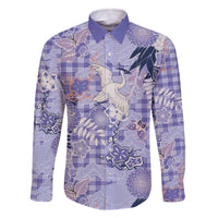Purple Palaka Crane and Flowers Family Matching Off The Shoulder Long Sleeve Dress and Hawaiian Shirt Japan Heritage Spirit LT9 Dad's Shirt - Long Sleeve Purple - Polynesian Pride