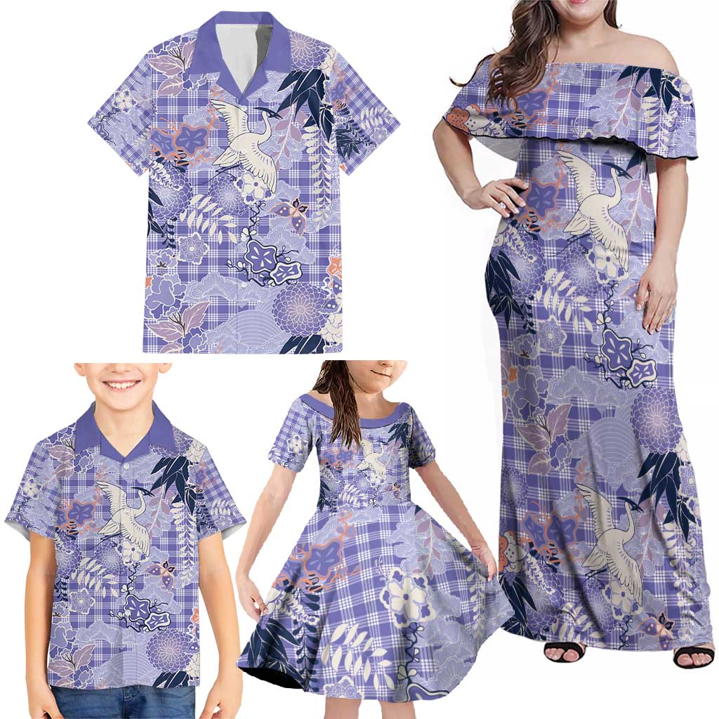 Purple Palaka Crane and Flowers Family Matching Off Shoulder Maxi Dress and Hawaiian Shirt Japan Heritage Spirit LT9 - Polynesian Pride