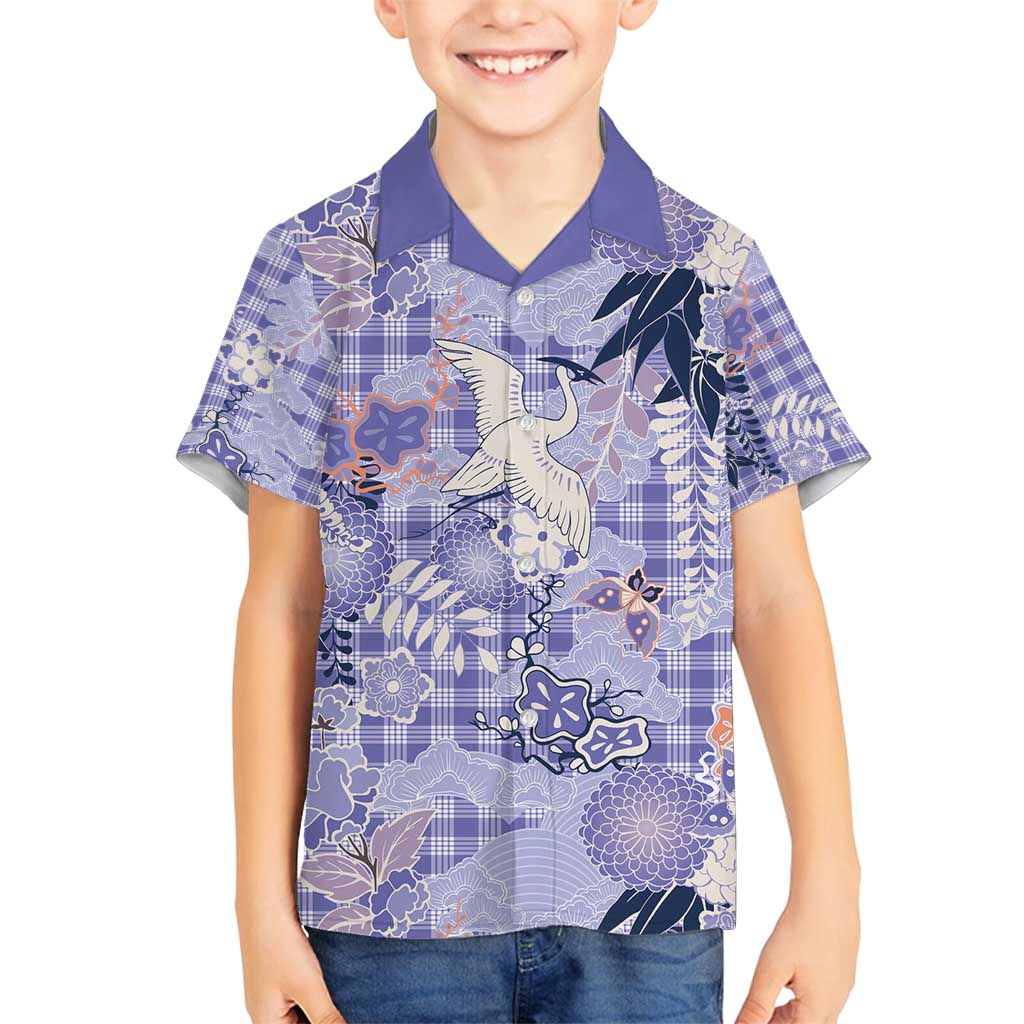 Purple Palaka Crane and Flowers Family Matching Off Shoulder Maxi Dress and Hawaiian Shirt Japan Heritage Spirit LT9 Son's Shirt Purple - Polynesian Pride