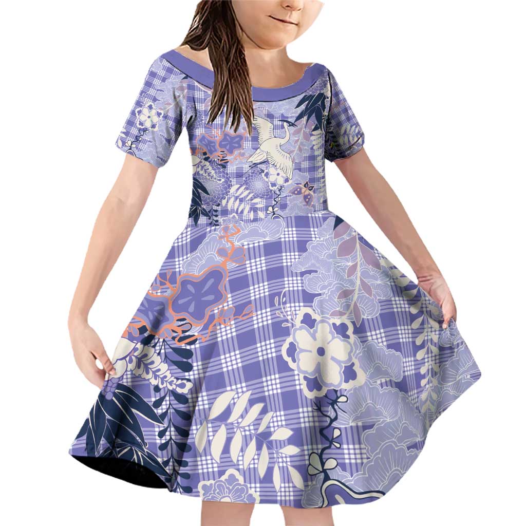 Purple Palaka Crane and Flowers Family Matching Off Shoulder Short Dress and Hawaiian Shirt Japan Heritage Spirit LT9 Daughter's Dress Purple - Polynesian Pride