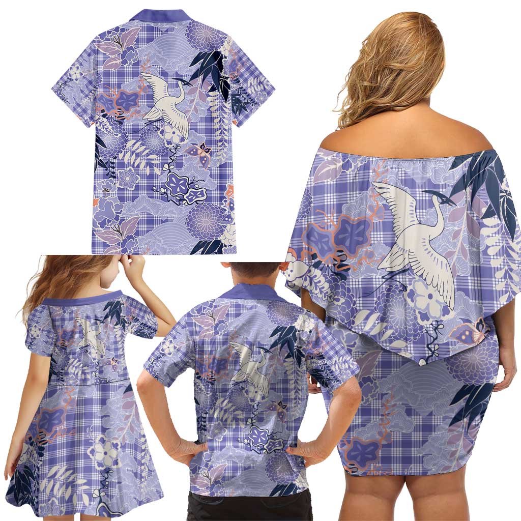 Purple Palaka Crane and Flowers Family Matching Off Shoulder Short Dress and Hawaiian Shirt Japan Heritage Spirit LT9 - Polynesian Pride