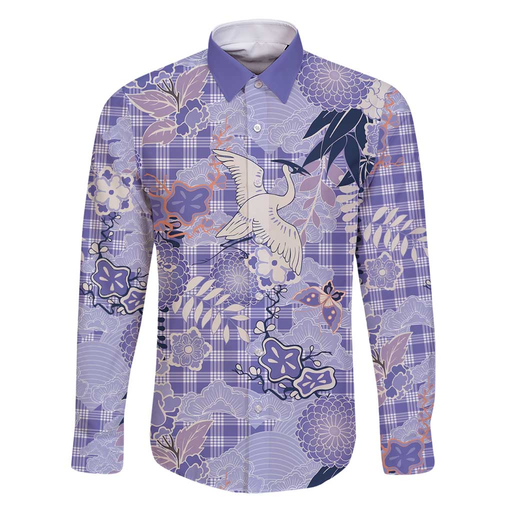 Purple Palaka Crane and Flowers Family Matching Off Shoulder Short Dress and Hawaiian Shirt Japan Heritage Spirit LT9 Dad's Shirt - Long Sleeve Purple - Polynesian Pride