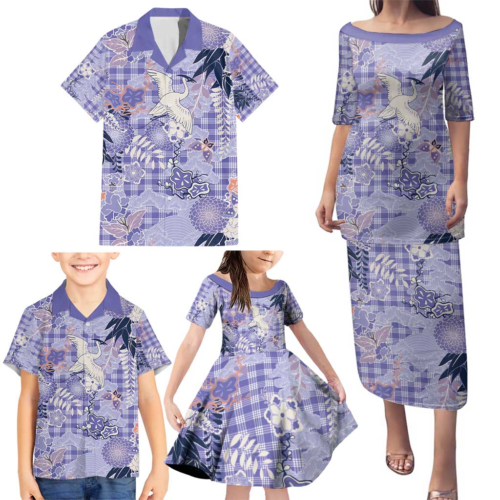 Purple Palaka Crane and Flowers Family Matching Puletasi and Hawaiian Shirt Japan Heritage Spirit LT9 - Polynesian Pride