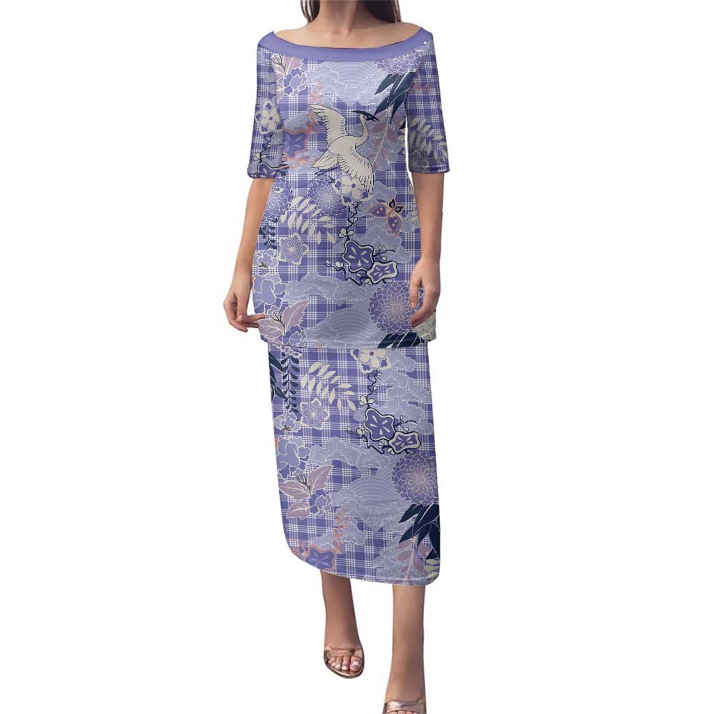 Purple Palaka Crane and Flowers Family Matching Puletasi and Hawaiian Shirt Japan Heritage Spirit LT9 Mom's Dress Purple - Polynesian Pride