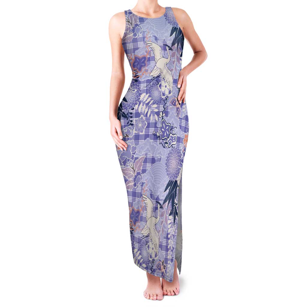 Purple Palaka Crane and Flowers Family Matching Tank Maxi Dress and Hawaiian Shirt Japan Heritage Spirit LT9 Mom's Dress Purple - Polynesian Pride
