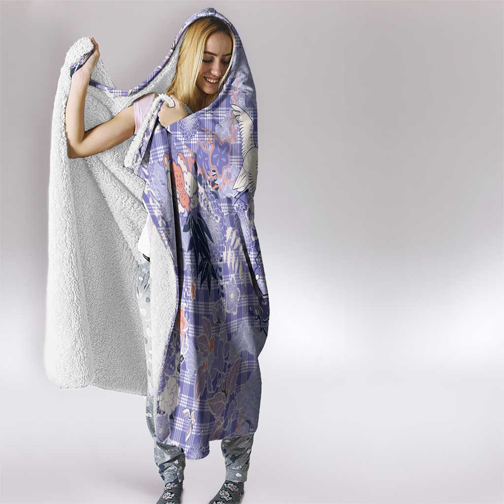 Purple Palaka Crane and Flowers Hooded Blanket Japan Heritage Spirit - Polynesian Pride