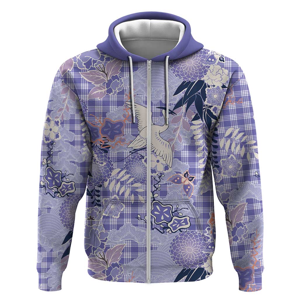 Purple Palaka Crane and Flowers Hoodie Japan Heritage Spirit LT9 Zip Hoodie Purple - Polynesian Pride