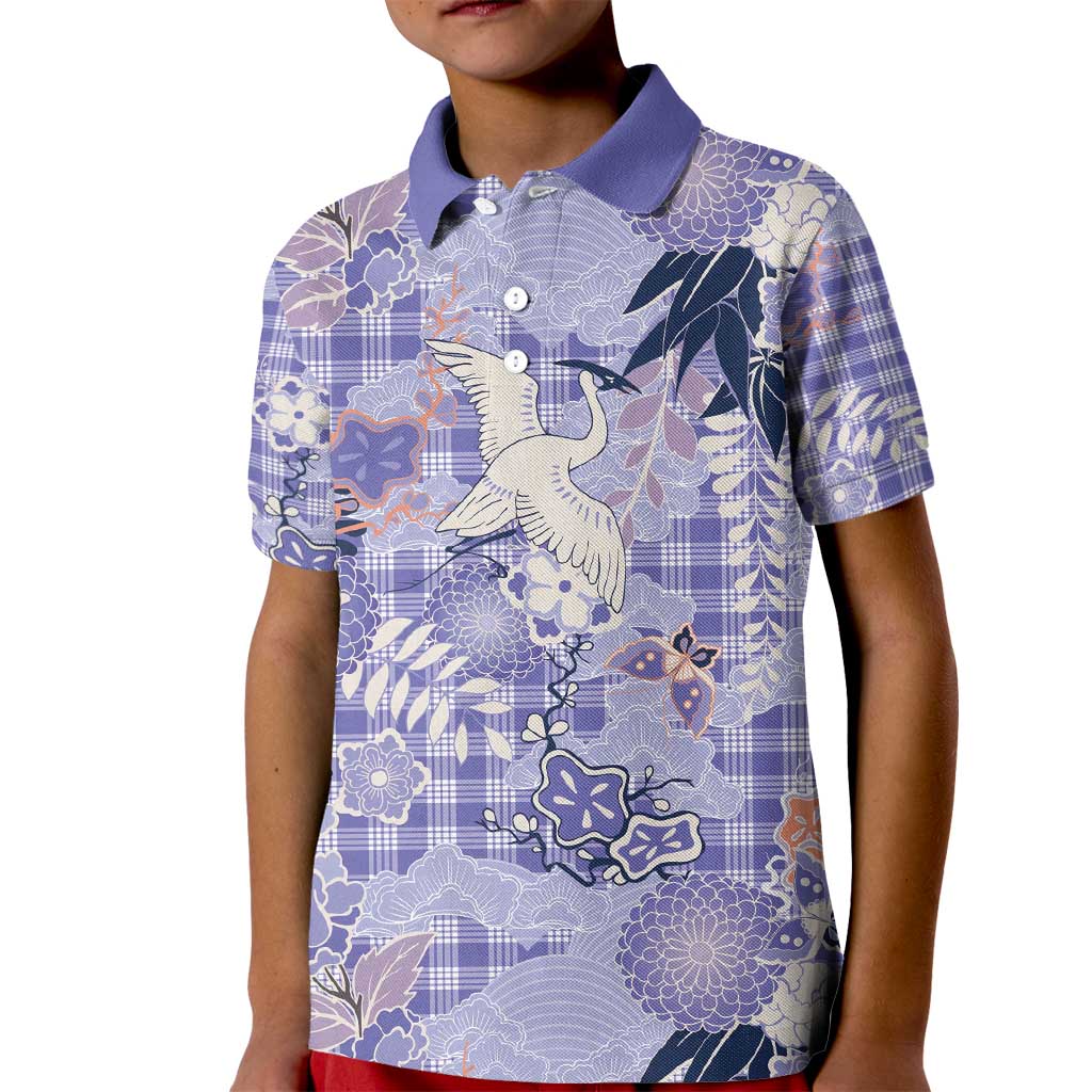 Purple Palaka Crane and Flowers Kid Polo Shirt Japan Heritage Spirit LT9 Kid Purple - Polynesian Pride