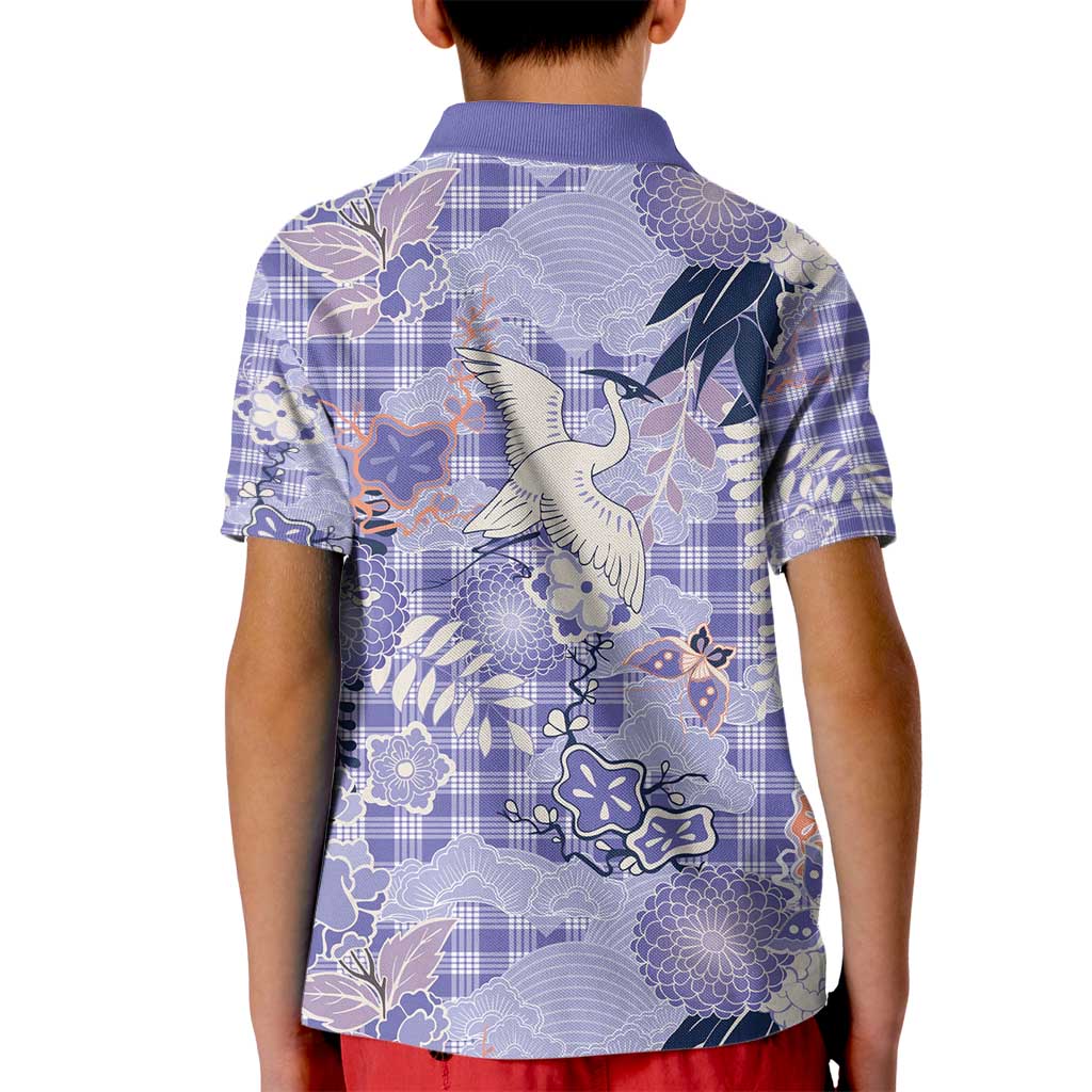 Purple Palaka Crane and Flowers Kid Polo Shirt Japan Heritage Spirit LT9 - Polynesian Pride