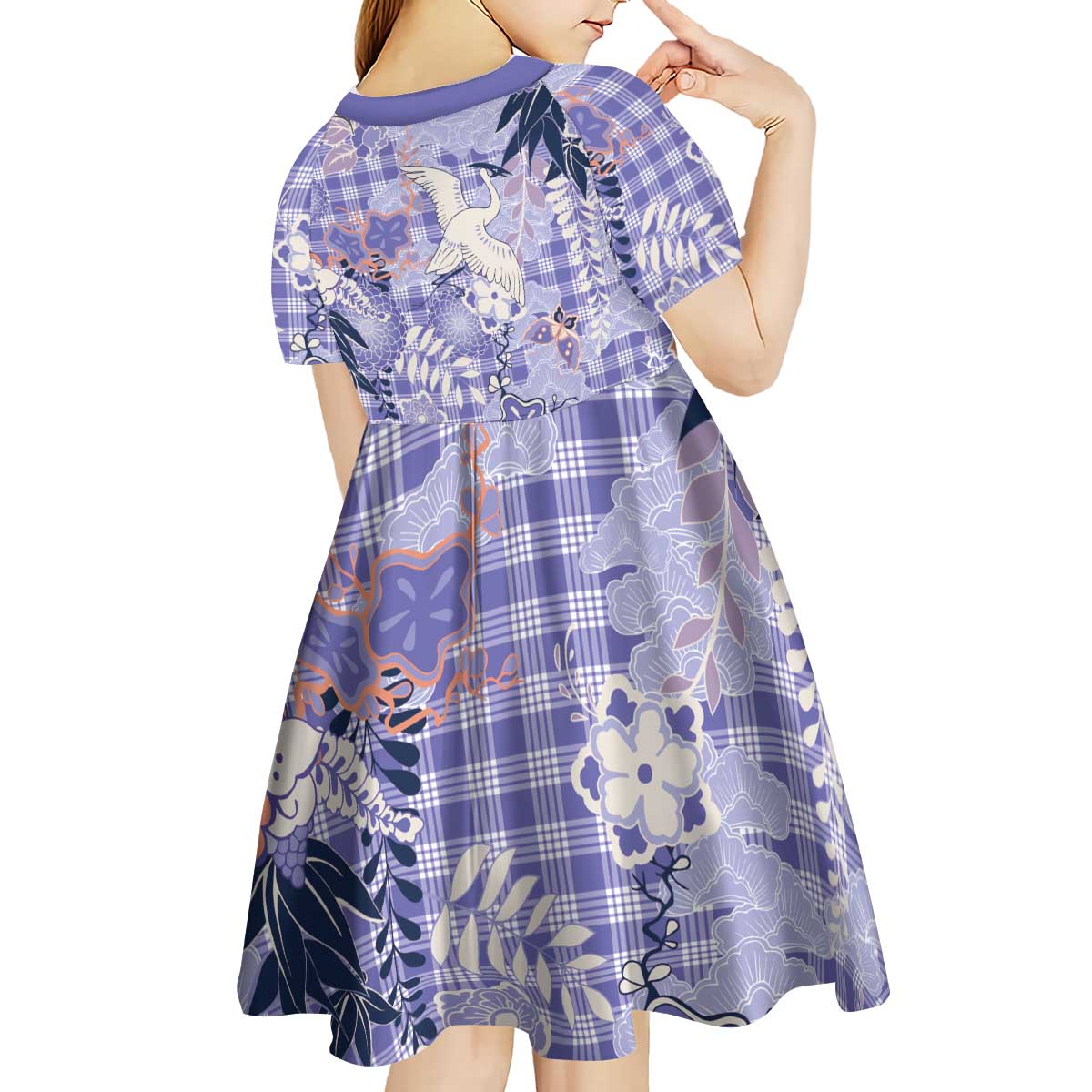 Purple Palaka Crane and Flowers Kid Short Sleeve Dress Japan Heritage Spirit LT9 - Polynesian Pride