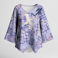 Purple Palaka Crane and Flowers Kimono Sleeve Blouse Japan Heritage Spirit LT9 Female Purple - Polynesian Pride