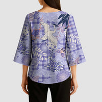 Purple Palaka Crane and Flowers Kimono Sleeve Blouse Japan Heritage Spirit LT9 - Polynesian Pride