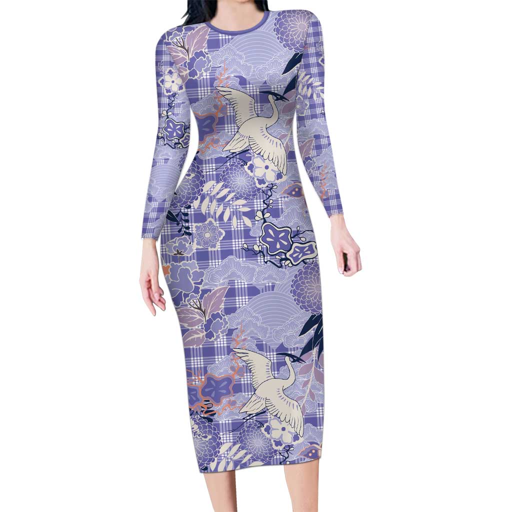 Purple Palaka Crane and Flowers Long Sleeve Bodycon Dress Japan Heritage Spirit LT9 Long Dress Purple - Polynesian Pride