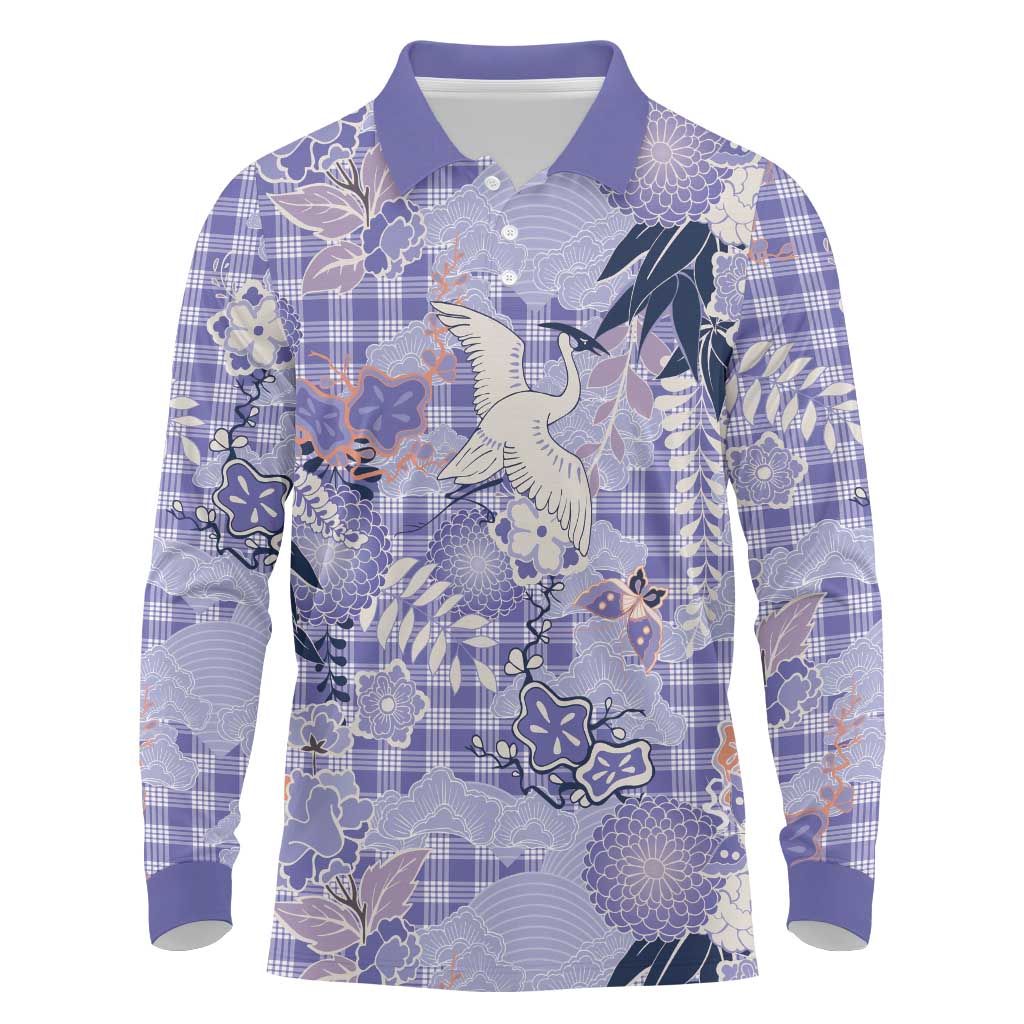 Purple Palaka Crane and Flowers Long Sleeve Polo Shirt Japan Heritage Spirit LT9 Purple - Polynesian Pride
