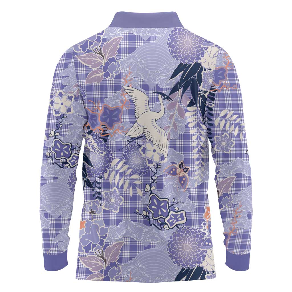 Purple Palaka Crane and Flowers Long Sleeve Polo Shirt Japan Heritage Spirit LT9 - Polynesian Pride