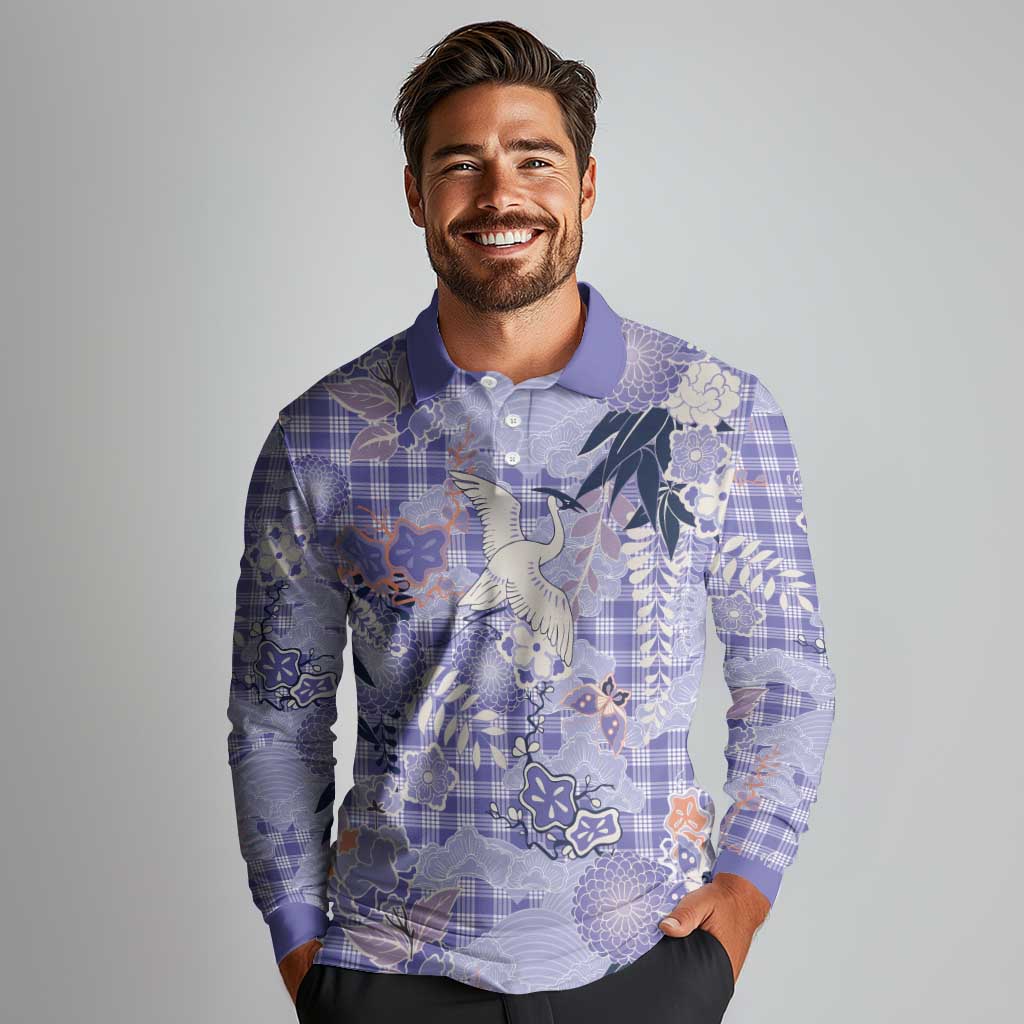 Purple Palaka Crane and Flowers Long Sleeve Polo Shirt Japan Heritage Spirit LT9 - Polynesian Pride