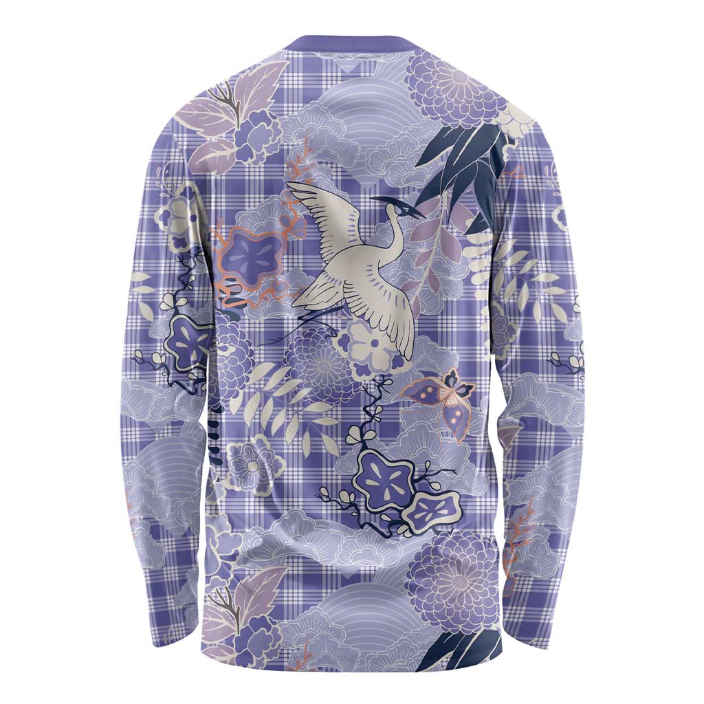 Purple Palaka Crane and Flowers Long Sleeve Shirt Japan Heritage Spirit LT9 - Polynesian Pride
