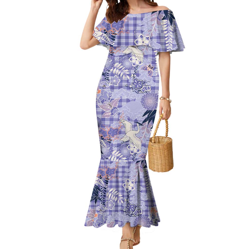 Purple Palaka Crane and Flowers Mermaid Dress Japan Heritage Spirit LT9 Women Purple - Polynesian Pride