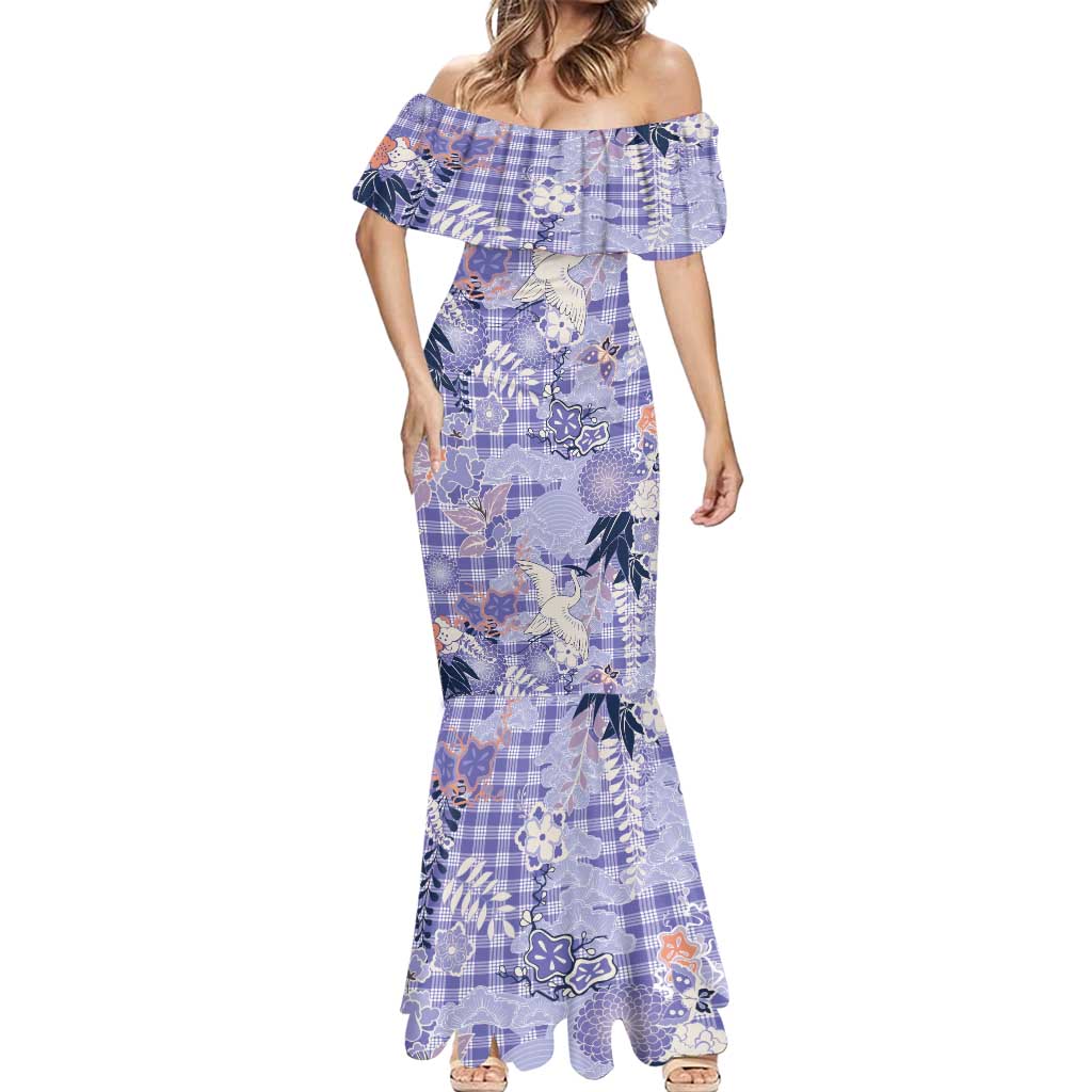Purple Palaka Crane and Flowers Mermaid Dress Japan Heritage Spirit LT9 - Polynesian Pride
