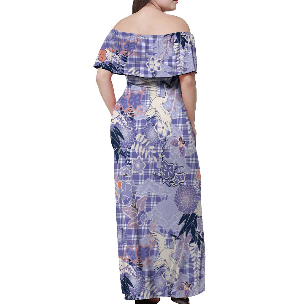 Purple Palaka Crane and Flowers Off Shoulder Maxi Dress Japan Heritage Spirit LT9 - Polynesian Pride