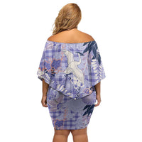 Purple Palaka Crane and Flowers Off Shoulder Short Dress Japan Heritage Spirit LT9 - Polynesian Pride