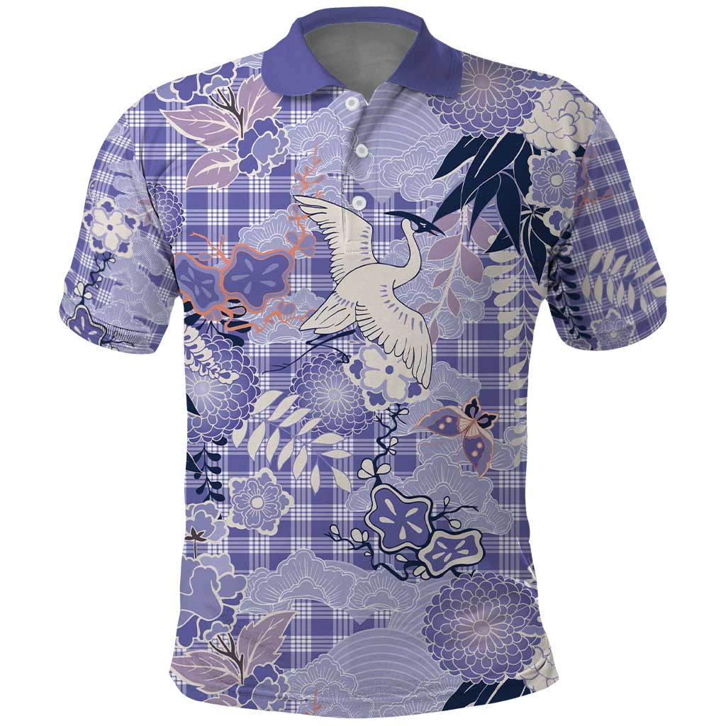 Purple Palaka Crane and Flowers Polo Shirt Japan Heritage Spirit LT9 Purple - Polynesian Pride
