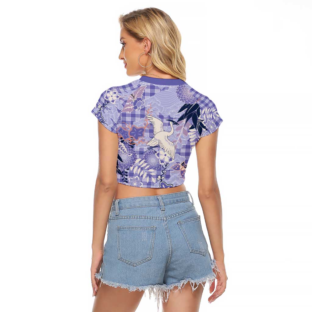 Purple Palaka Crane and Flowers Raglan Cropped T Shirt Japan Heritage Spirit LT9 - Polynesian Pride