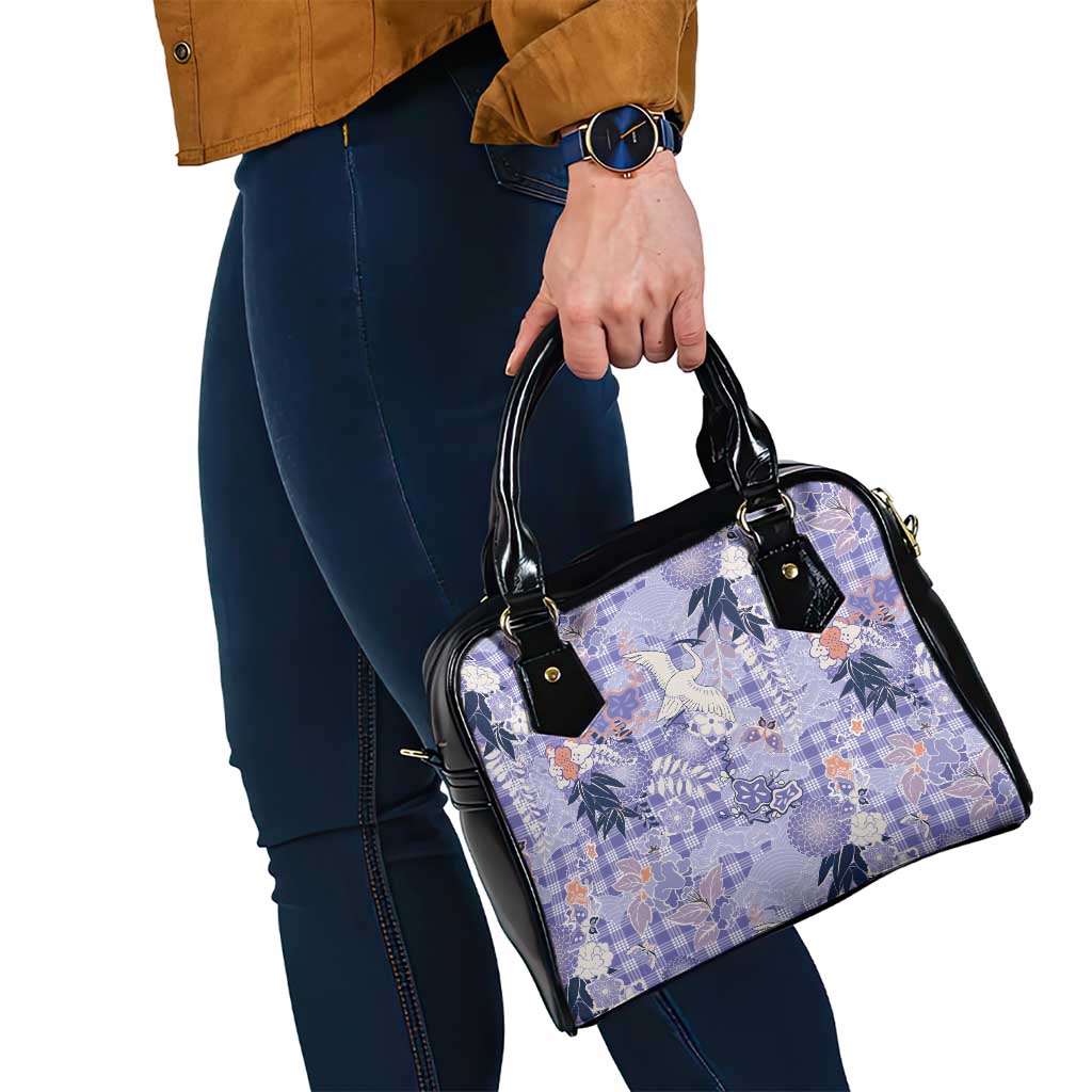 Purple Palaka Crane and Flowers Shoulder Handbag Japan Heritage Spirit - Polynesian Pride