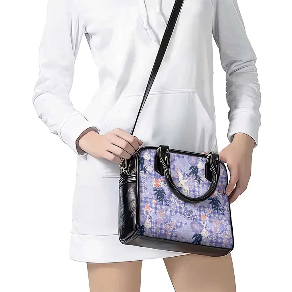 Purple Palaka Crane and Flowers Shoulder Handbag Japan Heritage Spirit - Polynesian Pride