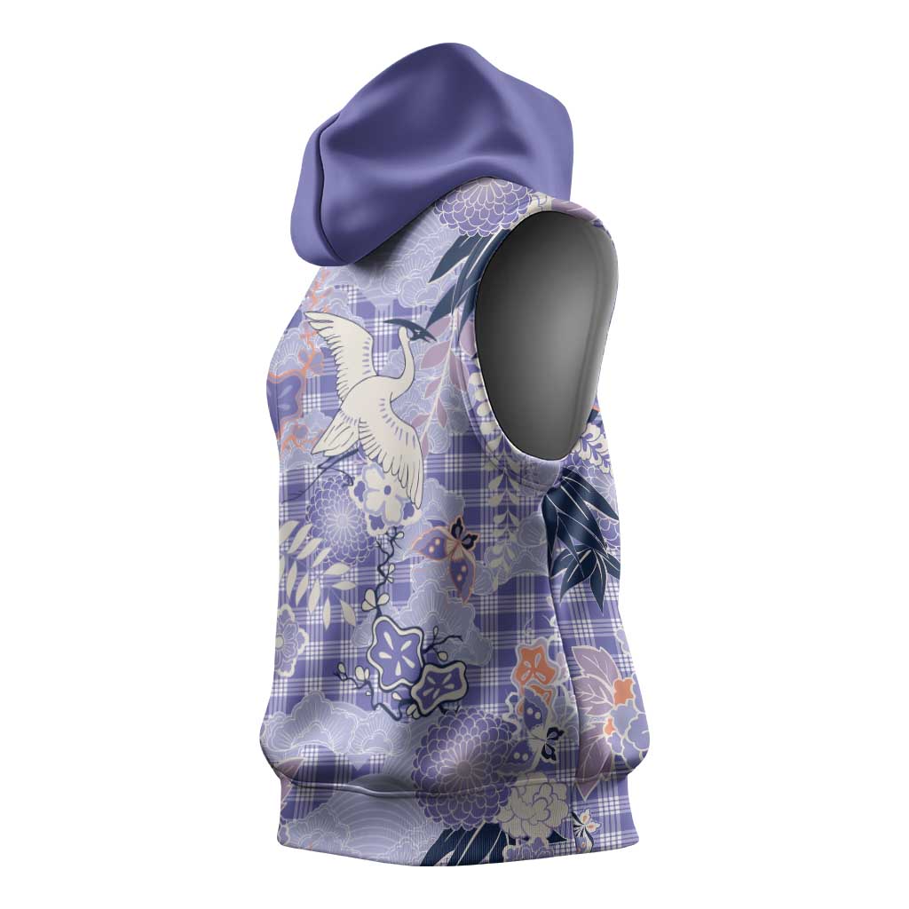 Purple Palaka Crane and Flowers Sleeveless Hoodie Japan Heritage Spirit LT9 - Polynesian Pride