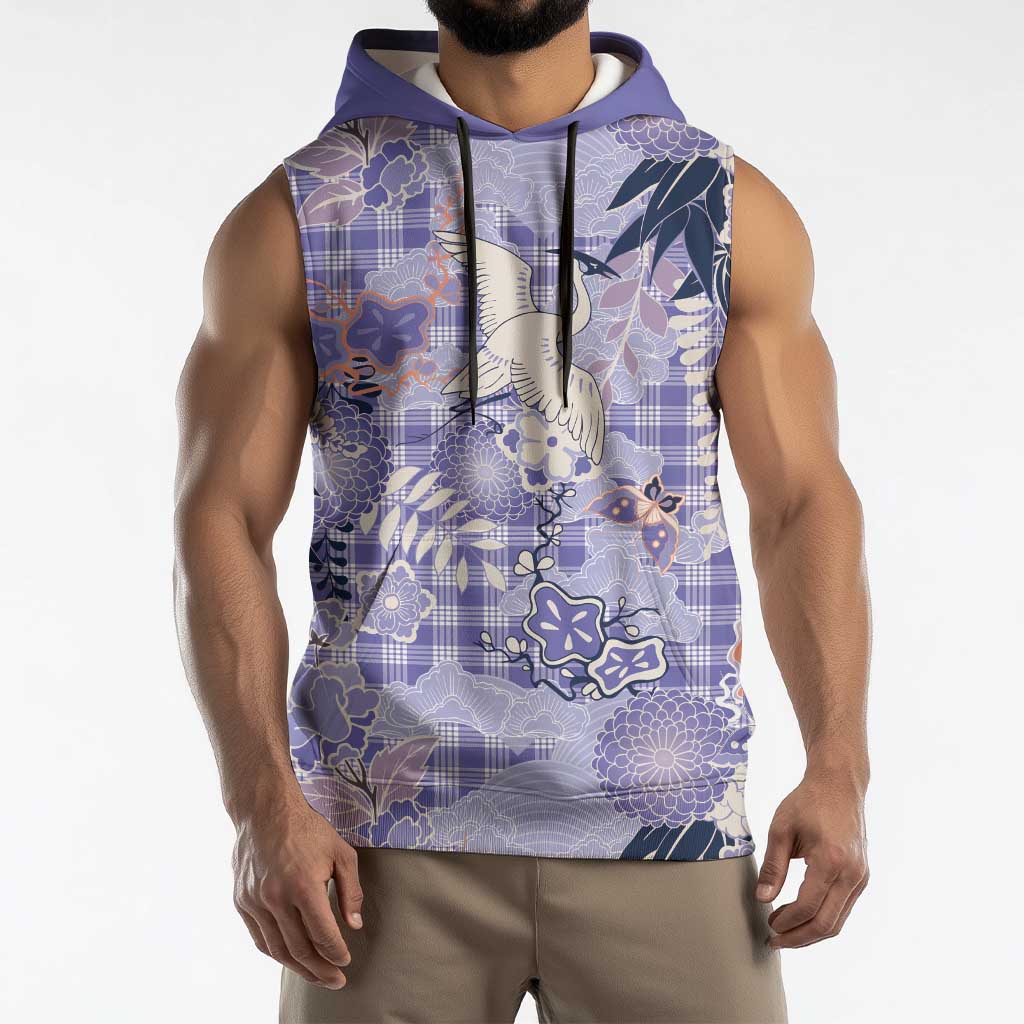 Purple Palaka Crane and Flowers Sleeveless Hoodie Japan Heritage Spirit LT9 - Polynesian Pride