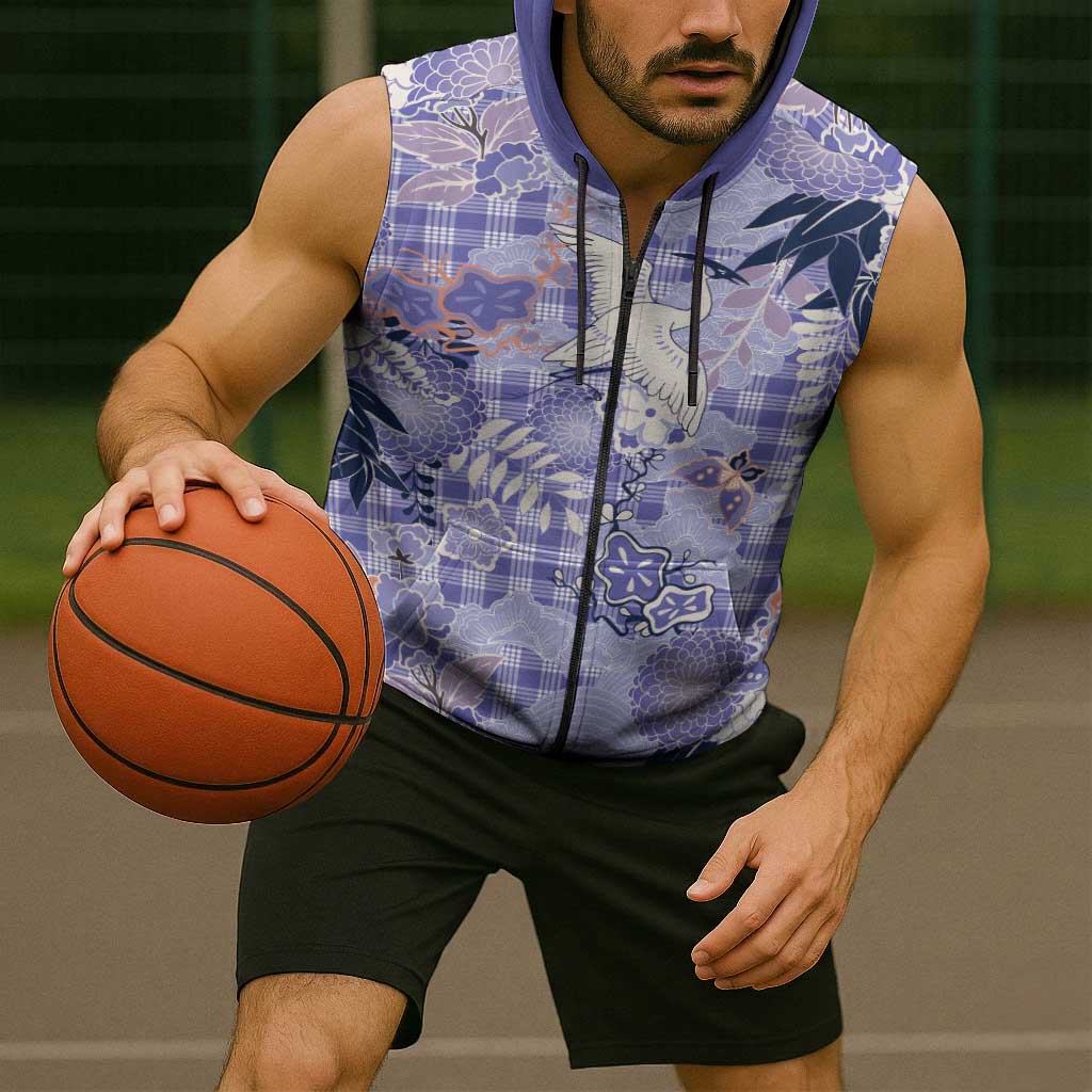 Purple Palaka Crane and Flowers Sleeveless Zip Hoodie Japan Heritage Spirit LT9 - Polynesian Pride
