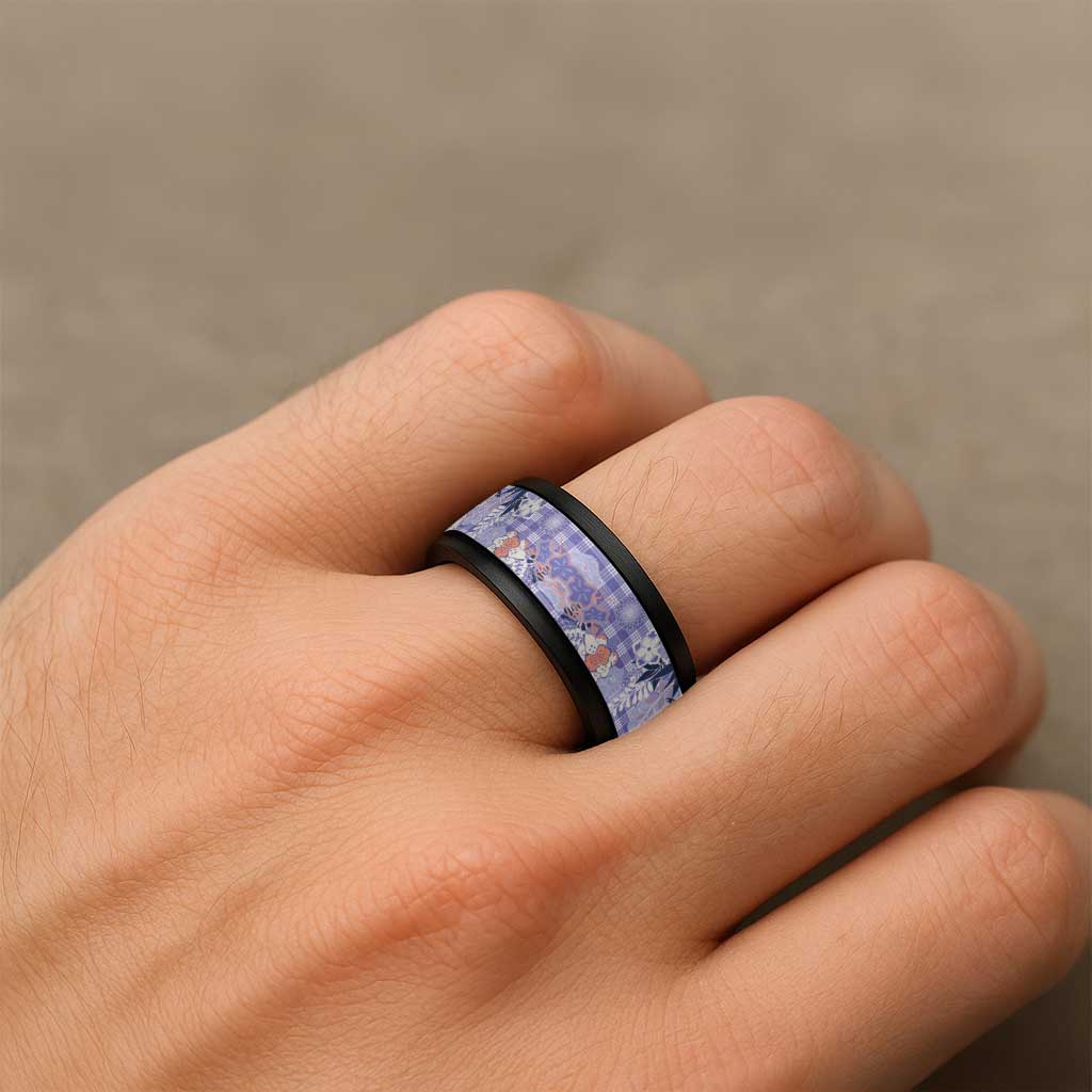 Purple Palaka Crane and Flowers Spinner Ring Japan Heritage Spirit - Polynesian Pride