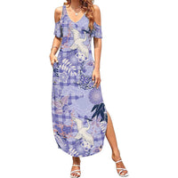 Purple Palaka Crane and Flowers Summer Maxi Dress Japan Heritage Spirit LT9 Women Purple - Polynesian Pride