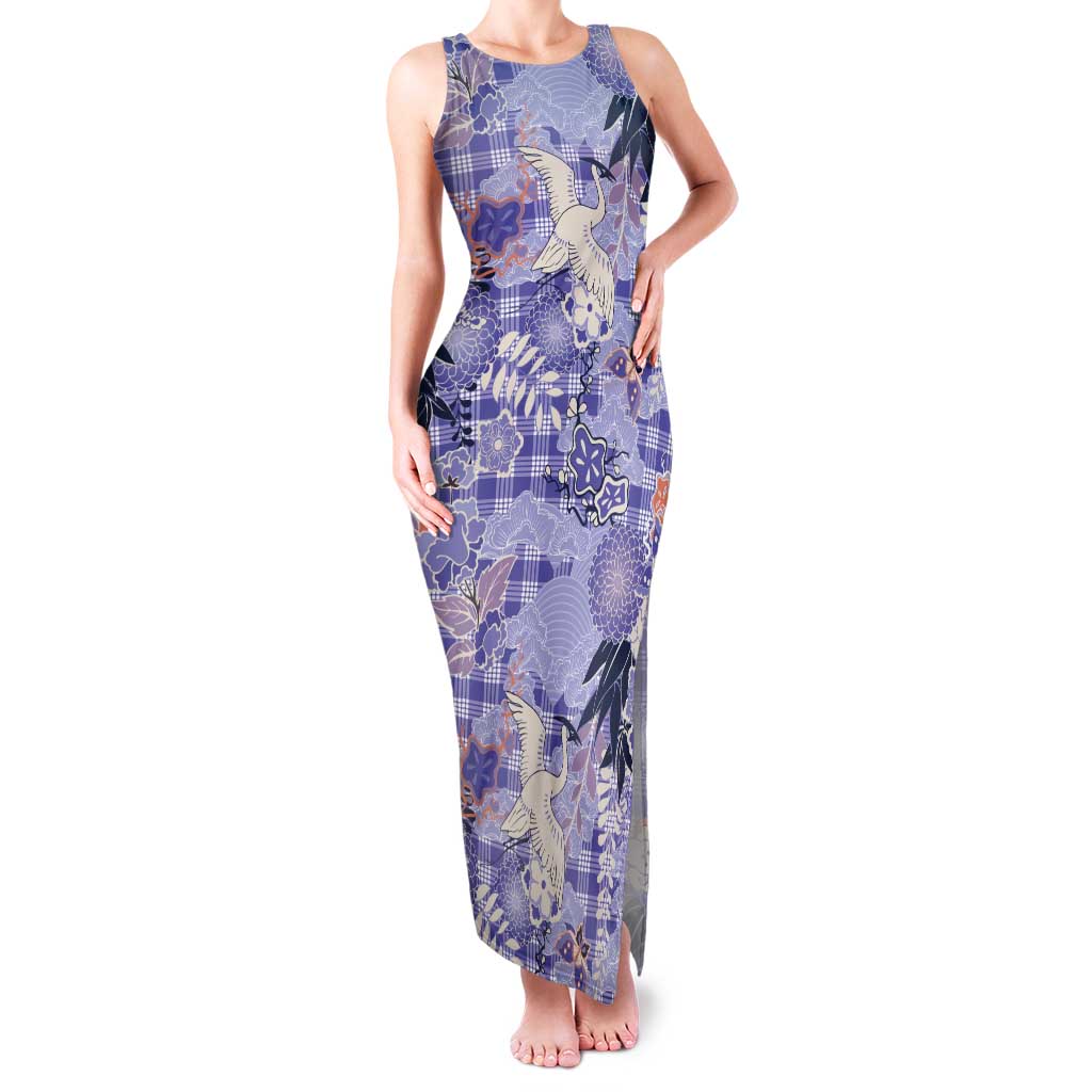 Purple Palaka Crane and Flowers Tank Maxi Dress Japan Heritage Spirit LT9 Women Purple - Polynesian Pride
