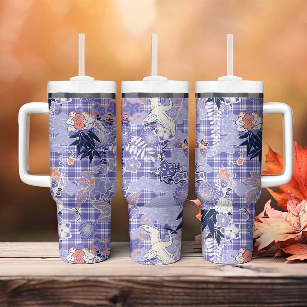 Purple Palaka Crane and Flowers Tumbler With Handle Japan Heritage Spirit LT9 - Polynesian Pride