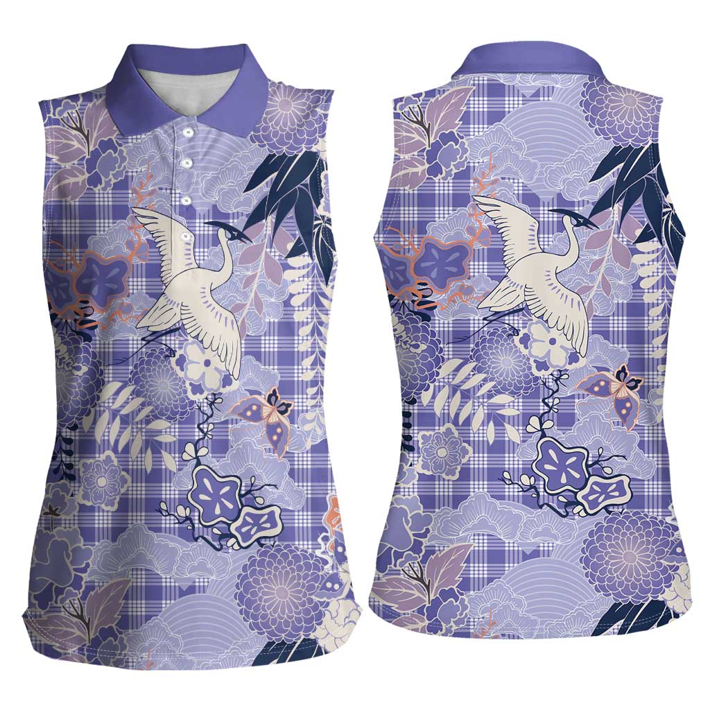 Purple Palaka Crane and Flowers Women Sleeveless Polo Shirt Japan Heritage Spirit LT9 - Polynesian Pride