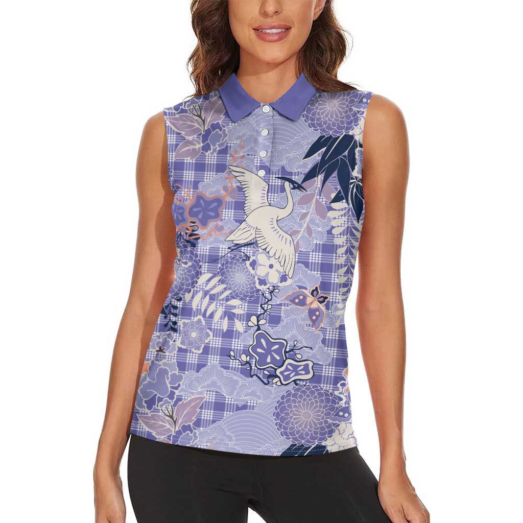Purple Palaka Crane and Flowers Women Sleeveless Polo Shirt Japan Heritage Spirit LT9 - Polynesian Pride