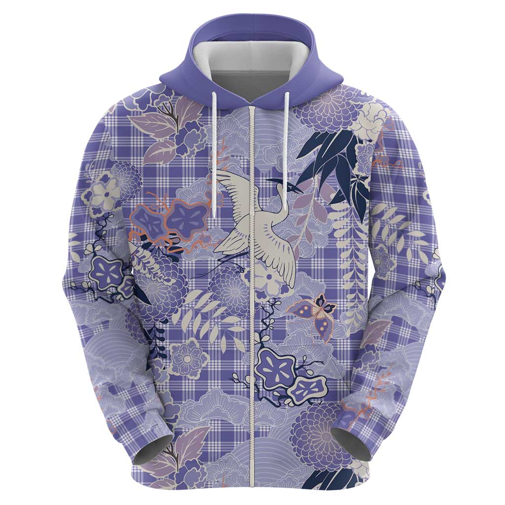 Purple Palaka Crane and Flowers Zip Hoodie Japan Heritage Spirit LT9 - Polynesian Pride