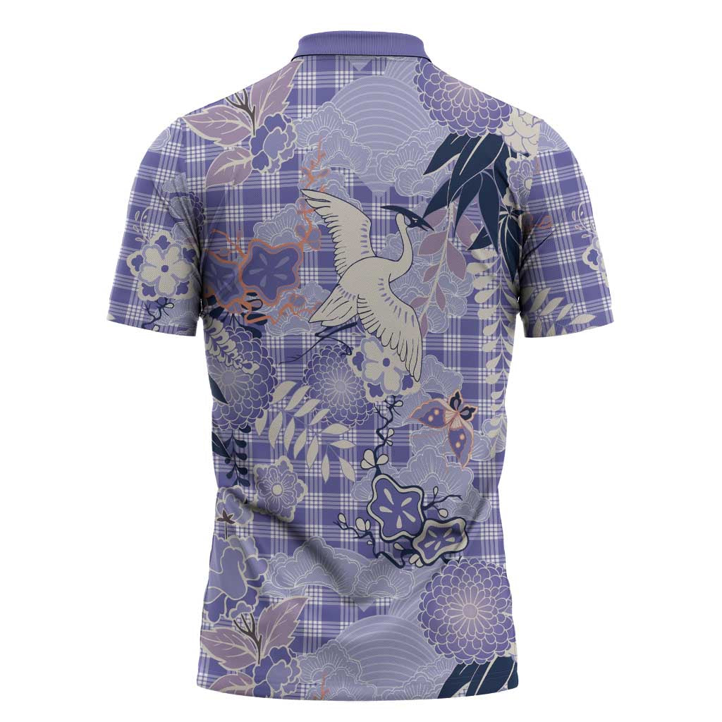 Purple Palaka Crane and Flowers Zipper Polo Shirt Japan Heritage Spirit LT9 - Polynesian Pride