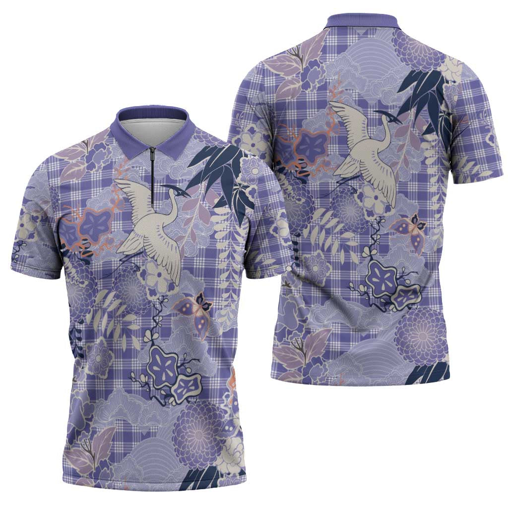 Purple Palaka Crane and Flowers Zipper Polo Shirt Japan Heritage Spirit LT9 - Polynesian Pride