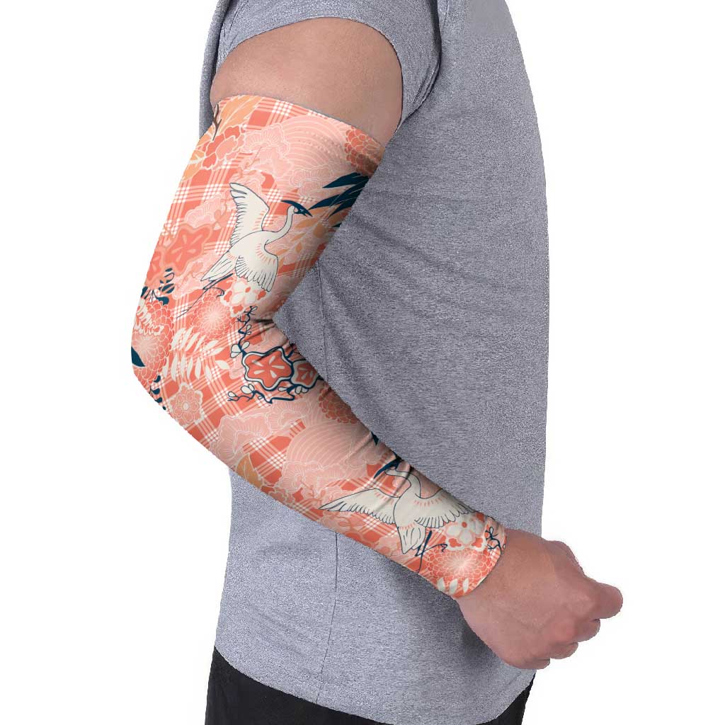 Red Palaka Crane and Flowers Arm Sleeves Japan Heritage Spirit - Polynesian Pride