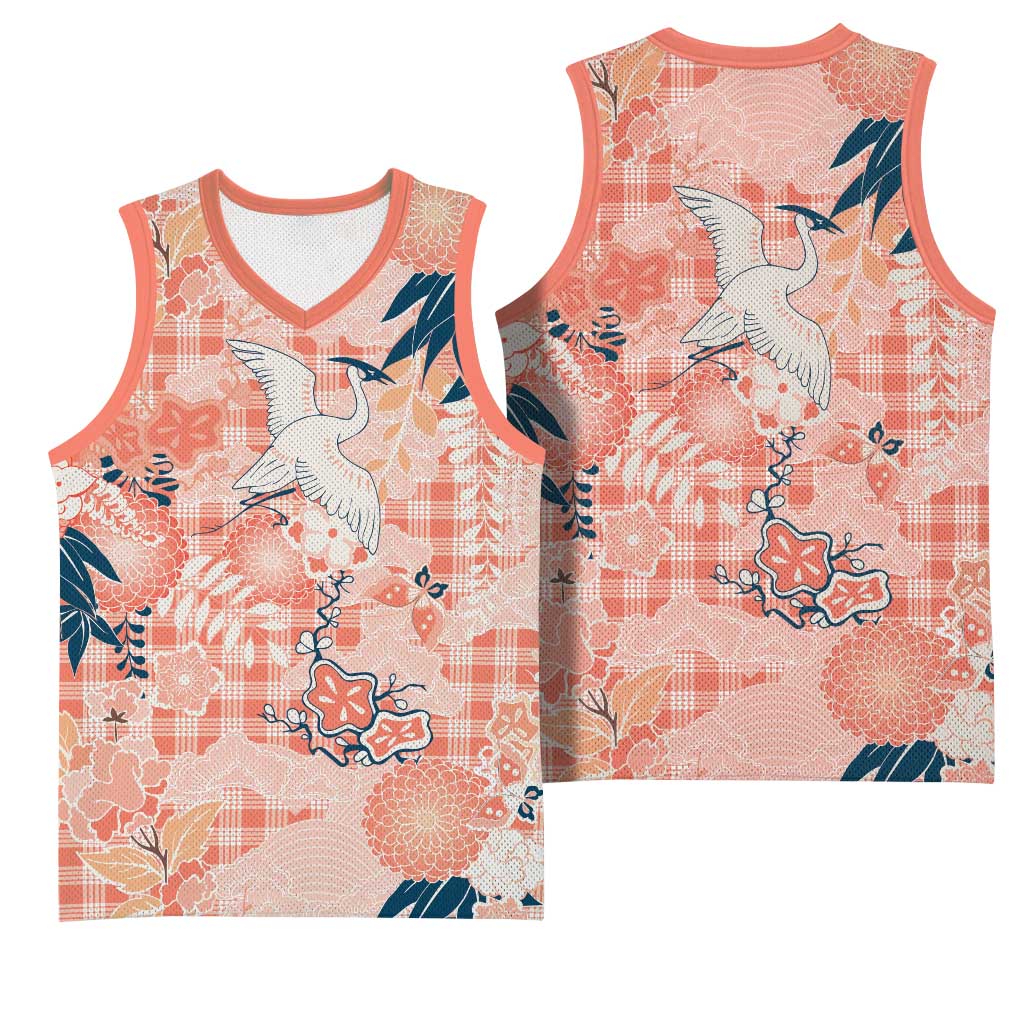 Red Palaka Crane and Flowers Basketball Jersey Japan Heritage Spirit - Polynesian Pride