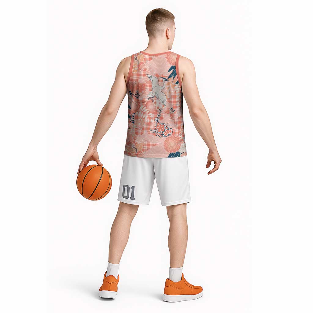 Red Palaka Crane and Flowers Basketball Jersey Japan Heritage Spirit - Polynesian Pride