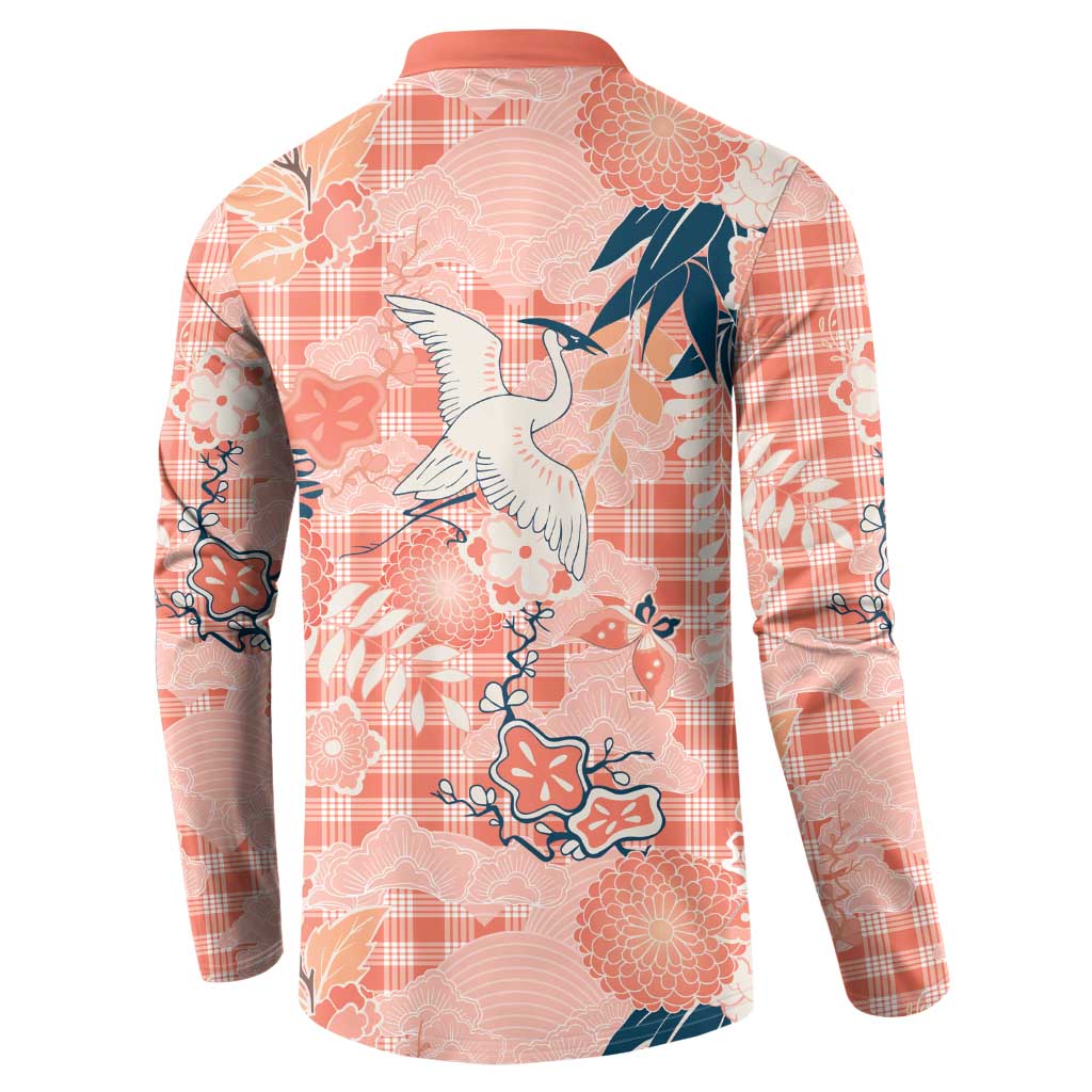 Red Palaka Crane and Flowers Button Sweatshirt Japan Heritage Spirit - Polynesian Pride