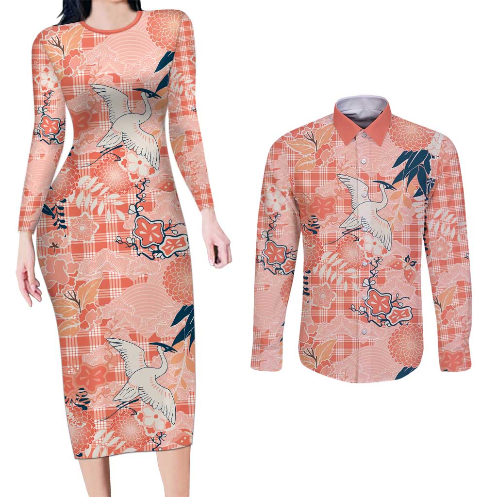 Red Palaka Crane and Flowers Couples Matching Long Sleeve Bodycon Dress and Long Sleeve Button Shirt Japan Heritage Spirit LT9 Red - Polynesian Pride