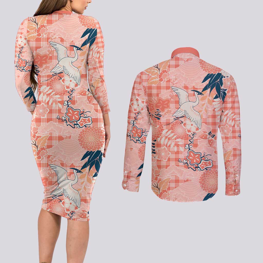 Red Palaka Crane and Flowers Couples Matching Long Sleeve Bodycon Dress and Long Sleeve Button Shirt Japan Heritage Spirit LT9 - Polynesian Pride