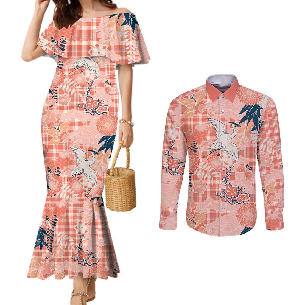 Red Palaka Crane and Flowers Couples Matching Mermaid Dress and Long Sleeve Button Shirt Japan Heritage Spirit LT9 Red - Polynesian Pride