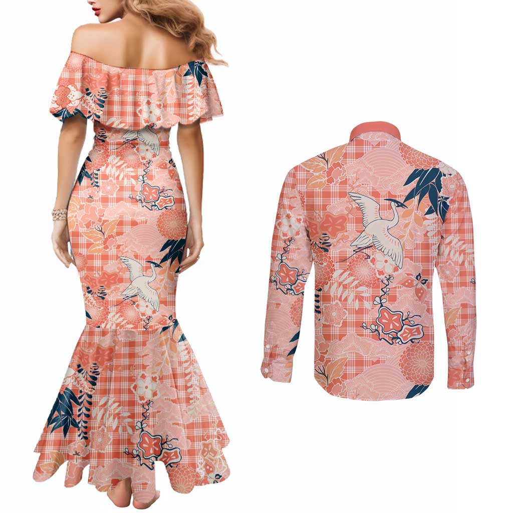 Red Palaka Crane and Flowers Couples Matching Mermaid Dress and Long Sleeve Button Shirt Japan Heritage Spirit LT9 - Polynesian Pride